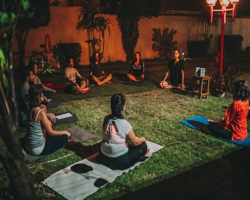 Evening yoga class using props for relaxation